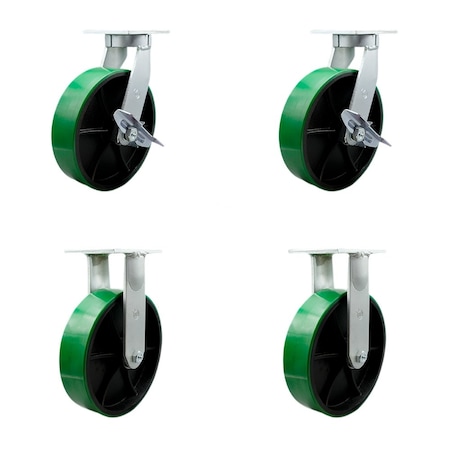 Service Caster 10'' Heavy Duty Green Poly on Cast Iron Wheel Caster Set 2 Brakes 2 Rigid, 4PK CRAN-SCC-KP92S1030-PUR-GB-SLB-2-R-2
